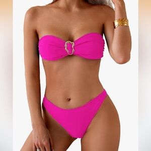 Strapless Bandeau Bikini Ring Tie Back Swimsuit High Cut Cheeky Bathing Suit